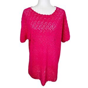Diane Von Furstenberg VTG Hand Crocheted Hot Pink Short Sleeve Tunic Top